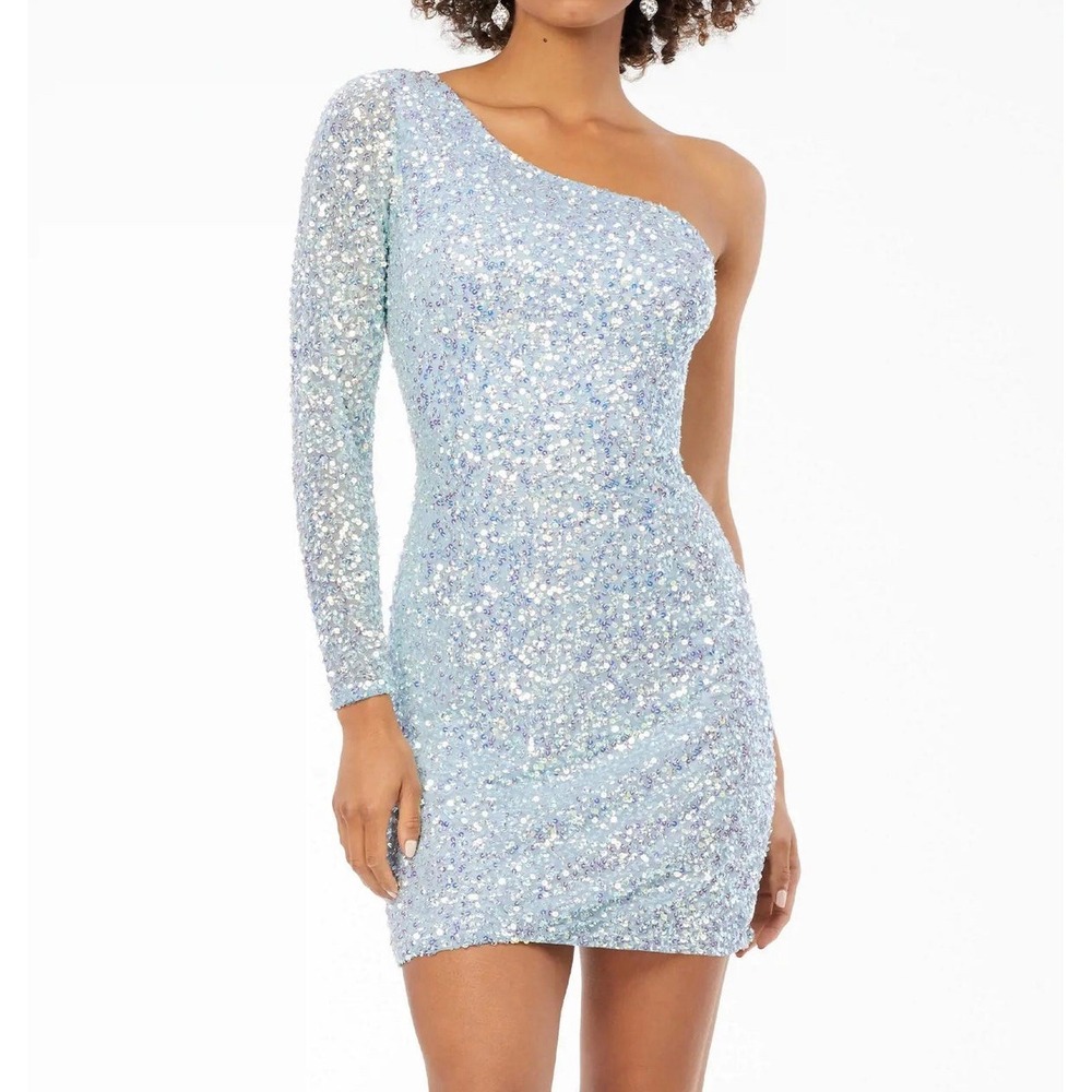 ASHLEY LAUREN 4457 One Shoulder Sequin Mini Dress AB Sky Blue Size 2